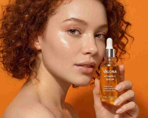 Valona Cosmetics Vitamin C serum with iconic woman promoting glowing and radiant skin skincare product